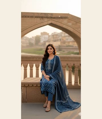 Flavia Creation Women Cotton Blend Embroidered A-line Kurti With Pants ( Blue )