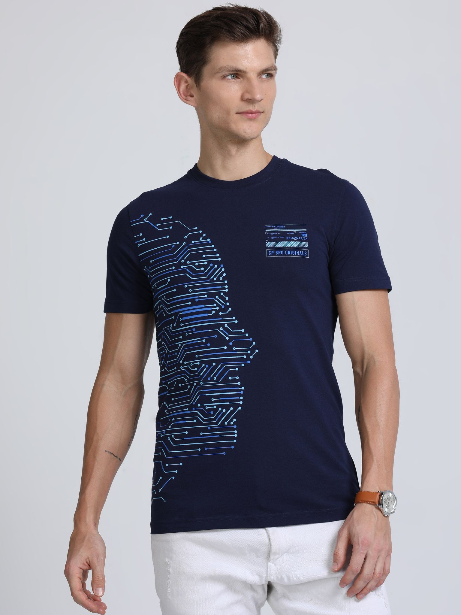 Classic Polo Mens Cotton Half Sleeves Printed Slim Fit Crew Neck Navy Color T-Shirt | Brcn - 551 A Sf C
