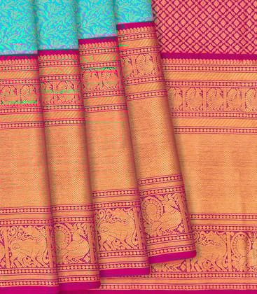 Turquoise Handloom Kanchipuram Korvai Silk Saree With Floral Vine Motifs-Turquoise-Turquoise