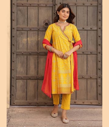 Juniper Cotton Printed Kurti With Pants Women's Stitched Salwar Suit - Mustard ( Pack of 1 )