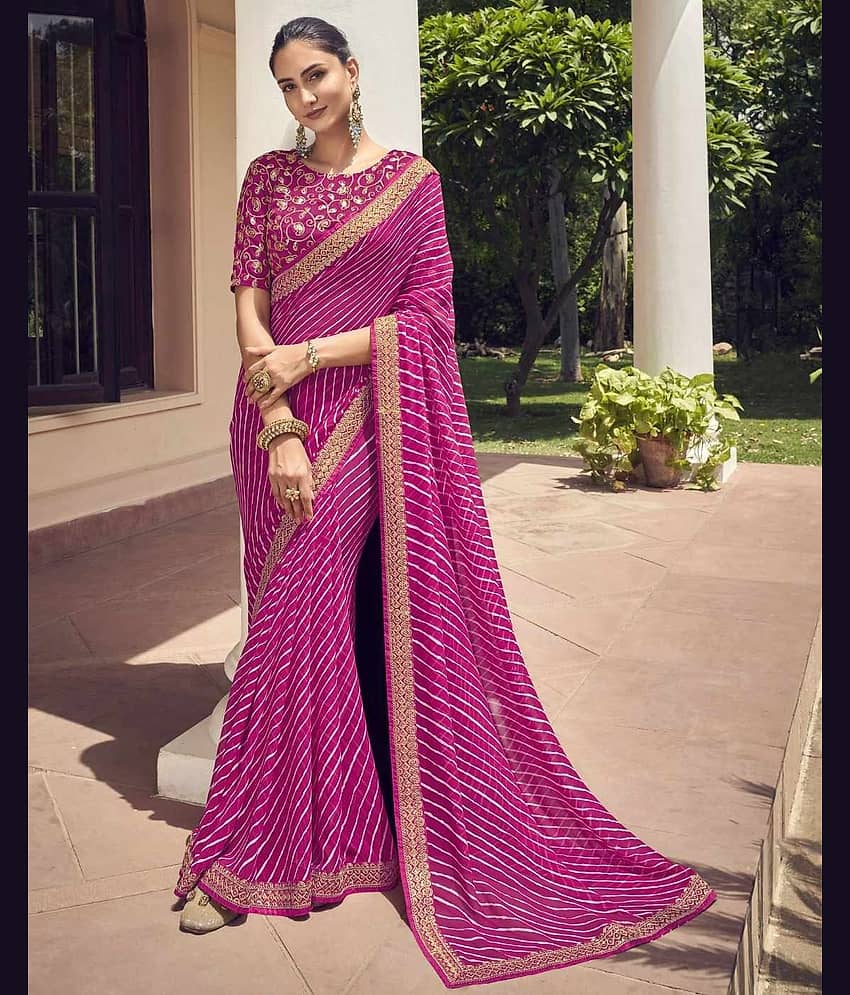 Nandini Creation Chiffon Striped Saree With Unstitched Blouse Piece ( Pink )