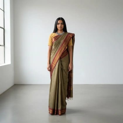 Handwoven Kanchipuram Cotton Saree in Khaki Brown with Temple Border