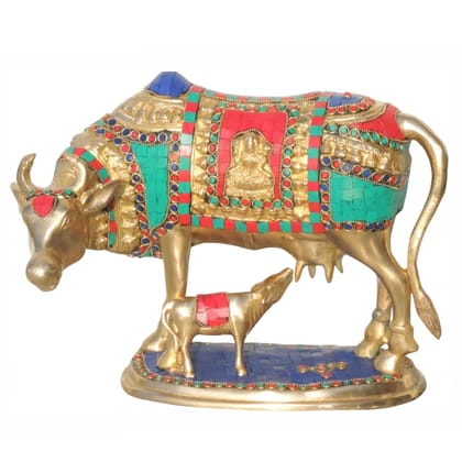 Brass Cow & Calf Stone Statue - Artistic Temple Idol, Height : 10 Inch (BSMAS804 A)