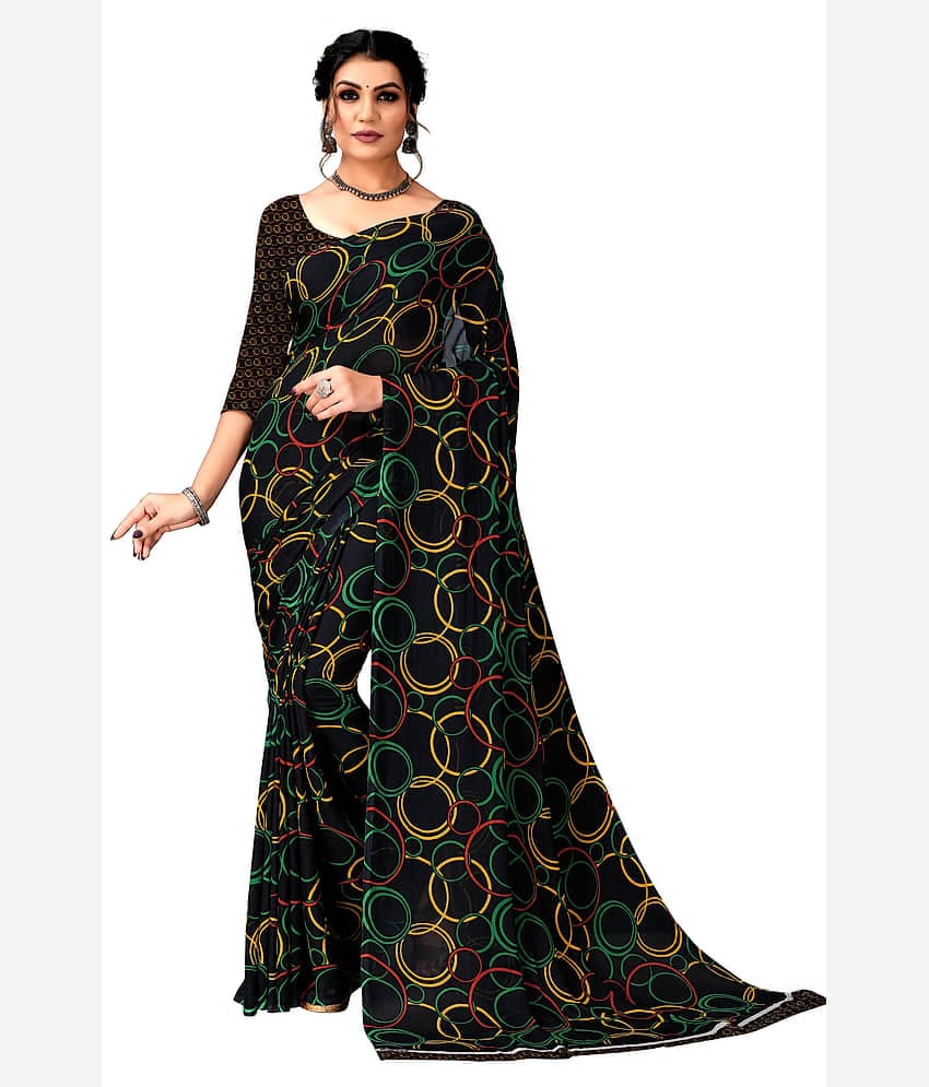 Kanooda Prints Georgette Printed Saree With Unstitched Blouse Piece ( Yellow )