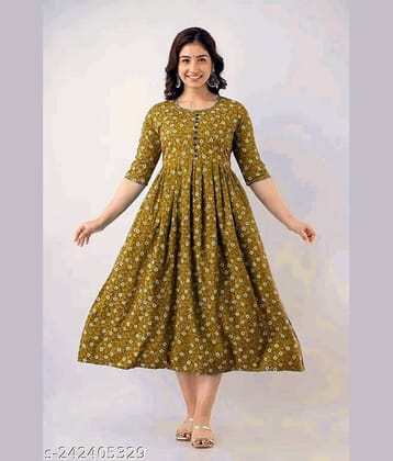 RIAANA Cotton Printed Flared Women's Kurti - Coffee ( Pack of 1 )