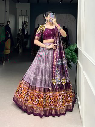 Tassar Silk Ikkat Print work Navratri Special Chaniya Choli (Ready To Wear)-Free Size [Alters 38-44]