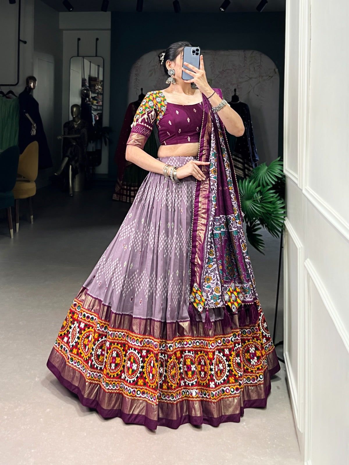 Tassar Silk Ikkat Print work Navratri Special Chaniya Choli (Ready To Wear)-Free Size [Alters 38-44]