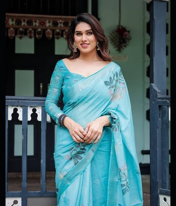 Almaari Fashion Linen Printed Saree With Unstitched Blouse Piece ( Multicolor )