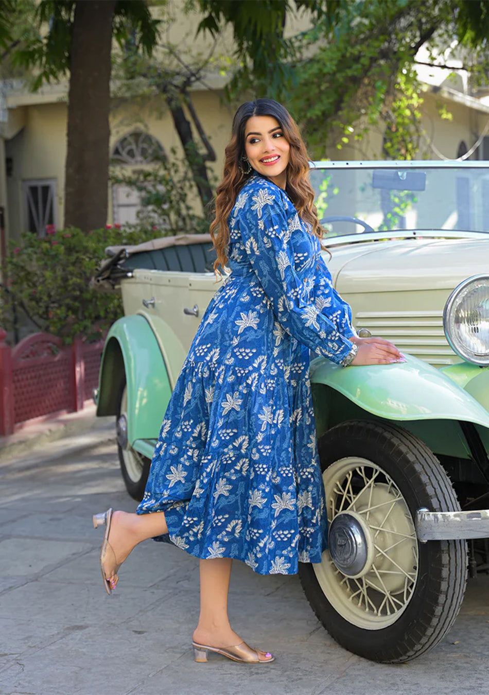 Blue Floral Print Cotton Fabric Flared Dress-XS