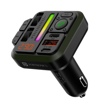 Portronics Auto 22 Car Bluetooth Receiver with Hands-Free Calling & Music, 20W Type-C PD, 18W USB Fast Charging (Black)