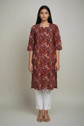 Pedana Kalamkari Screen-Print Cotton Kurti in Maroon and Orange