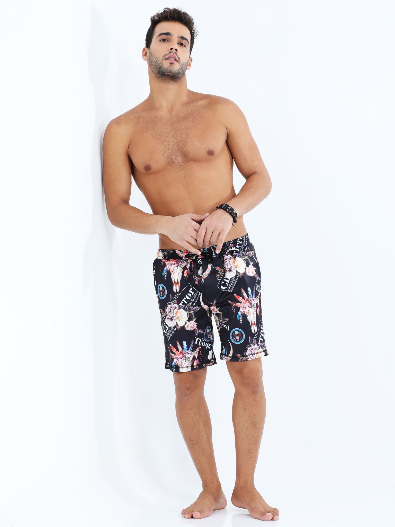 Men's Black Shorts With Floral Printed | Cactus-M