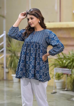 Indigo Blue Printed Peplum Top-M