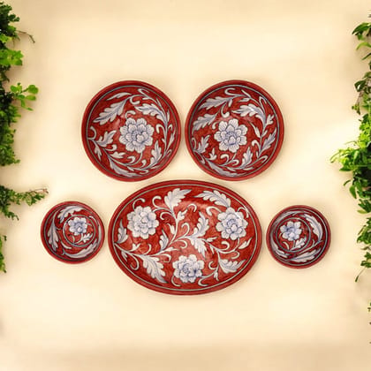 Set of 3 Handcrafted Jaipur Blue Pottery Bowls  Terracotta Red Floral Oval & Round Serving Bowls