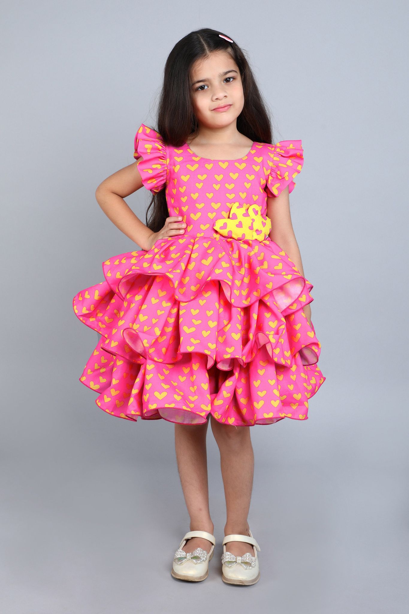 Heart Layered Cotton Dress -Pink-1-2Y / Pink