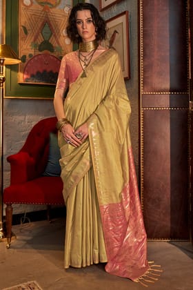 Golden Beige Woven Tussar Silk Saree
