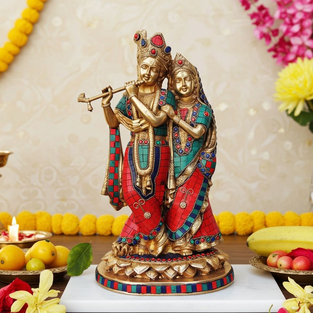 Brass Radha Krishna God Idol - Handcrafted Premium Statue, Height : 14.5 Inch (BSMAS399 N)