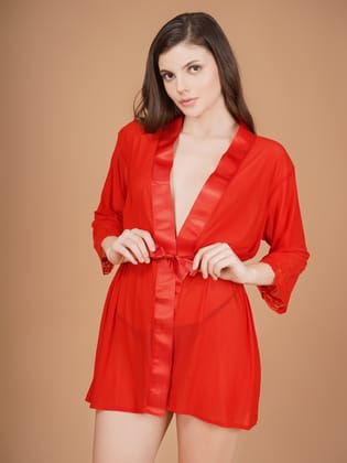 Overall Net With Satin Lace Robe-Red-XL / Red