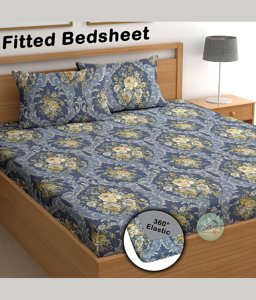 CG HOMES Microfibre 1 Double Fitted Bedsheet with 2 Pillow Covers ( 220 cm x 220 cm ) , Blue