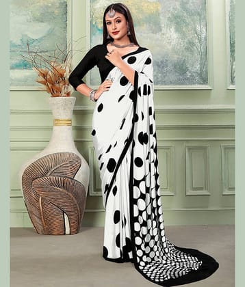 Satrani Silk Printed Saree With Unstitched Blouse Piece ( White )