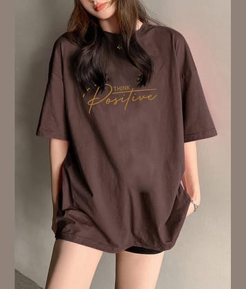 clafoutis Women Cotton Blend Printed Oversized Fit Round Neck T-Shirt ( Brown )