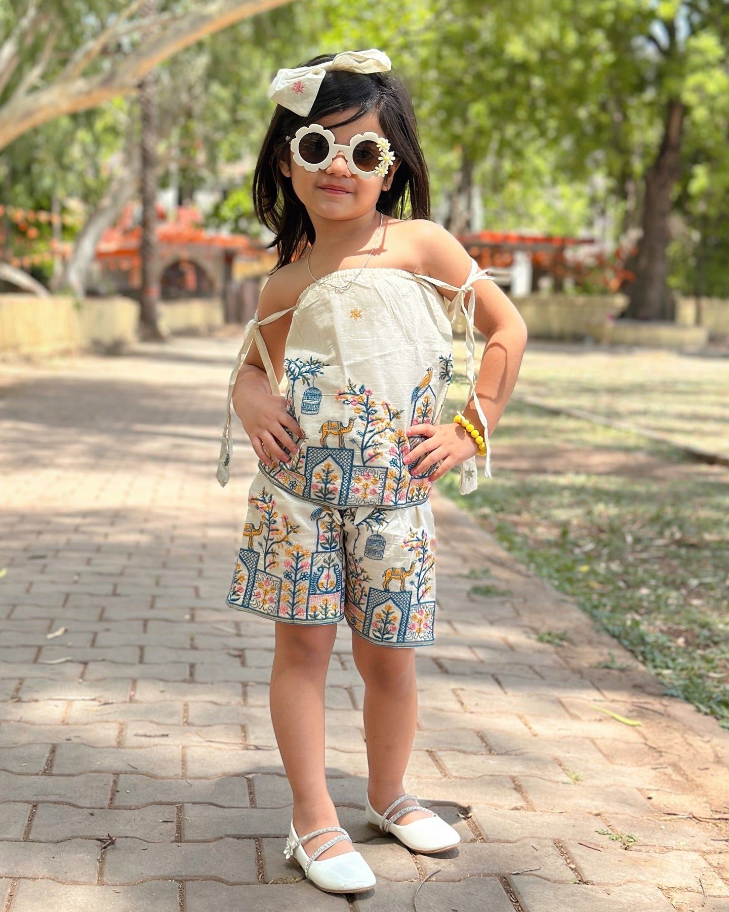 Blossom Embroidery Work on Khadi Cotton Fabric Kids Cord-Set-Beige / 0-6 Month