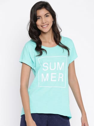 Turquoise Blue Printed Styled Back Beach Top-S