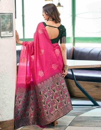 Women's Soft Lichi Silk Printed Saree With Unstitched Blouse 5.5Mtr (Pink)-PID63676