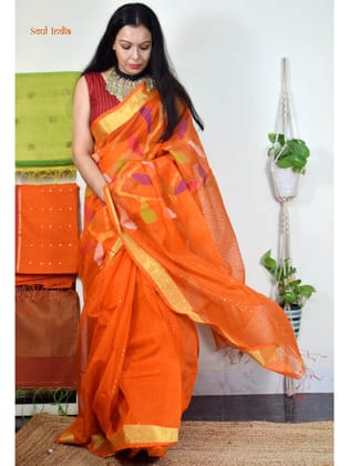 Muslin Jamdani Saree With Handwoven Floral Work-Orange
