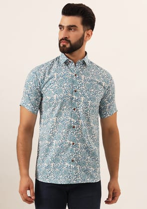 Sky Blue Floral Print Pure Cotton Regular Fit Casual Shirt-38