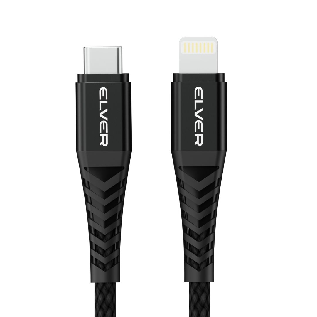 Elver USB-C to Lightning Cable, 27W Fast Charging, 1.2M Length, 480Mbps Data Speed, Tangle-Free - Black