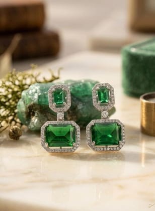 Generic Women's Brass Silver Plated Drop Earrings (Green)-PID66239 Generic Women's Brass Silver Plated Drop Earrings (Green)-PID66239