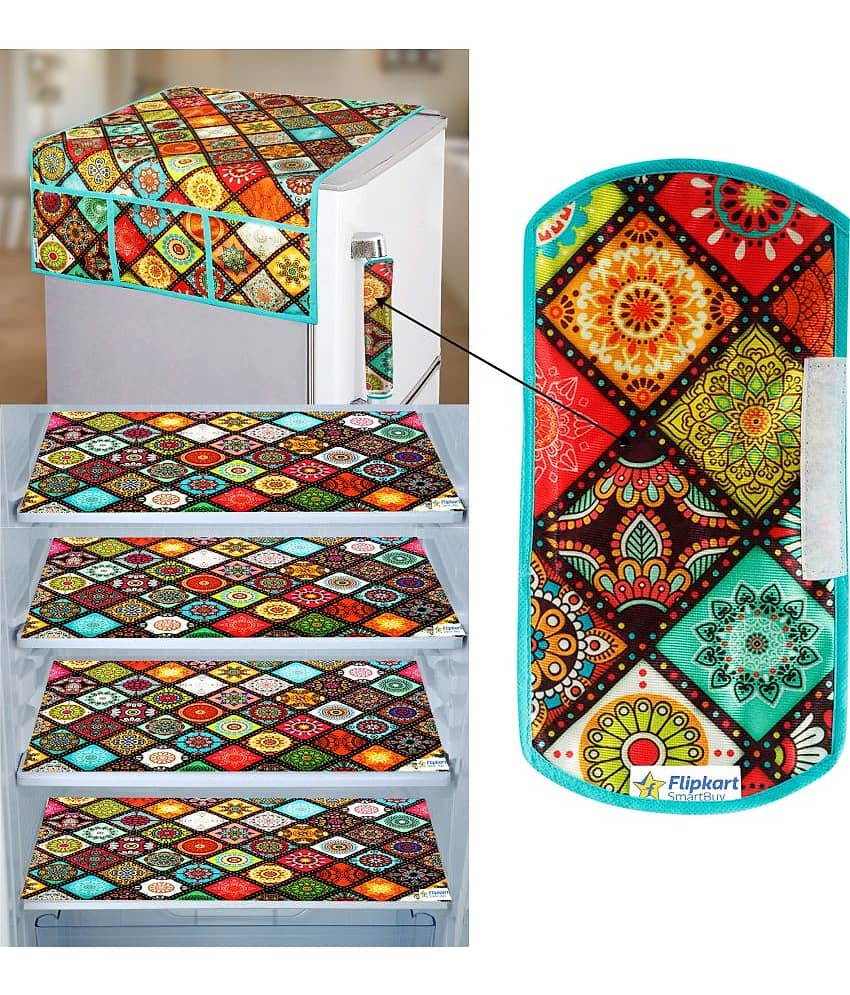 Crosmo Polyester Floral Printed Fridge Mat & Cover ( 64 18 ) Pack of 6 - Red