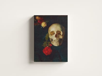 FURNISHUB Skull with Roses by Carl Schuch | Famous Artwork Painting | Gallery Wrapped Canvas Painting | Gothic Home Dcor | Aesthetic Home Decor