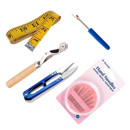 GEMSY 5 in 1 Combo | Thread Cutter, Inch Tape, Needle Compact, Seam Ripper, Tracing Wheel