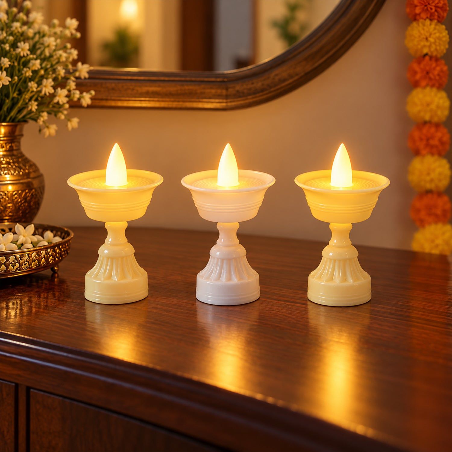 Flameless LED Decorative Diyas for Diwali Puja and Home Lighting (3 Pc Set)