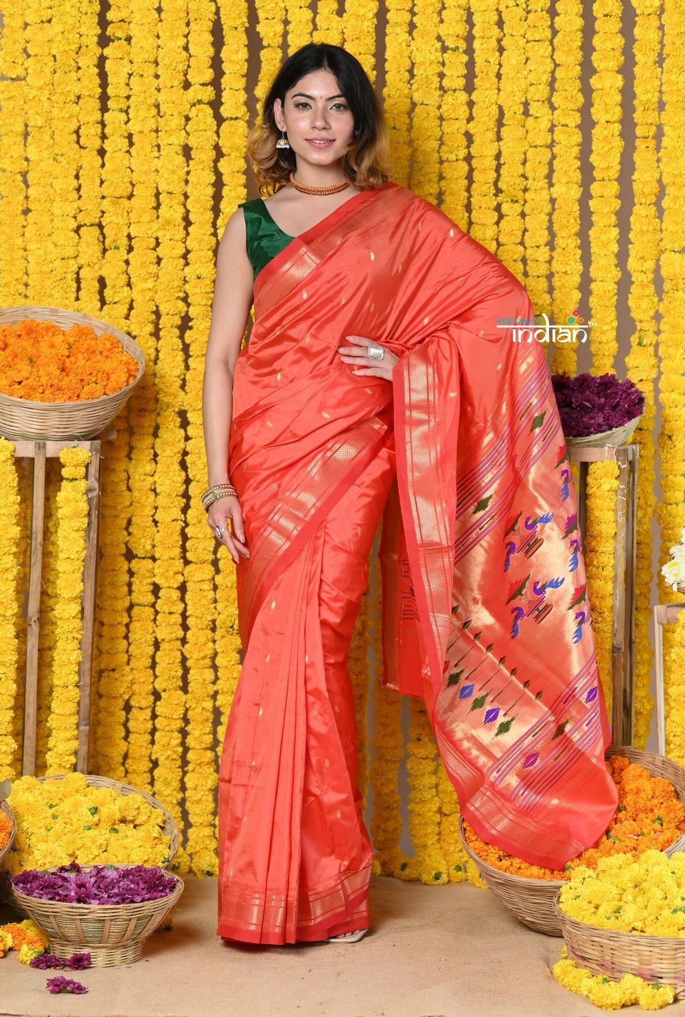 Rajsi~Handloom High Quality Pure SIlk Paithani With Most Traditional Double Pallu~ Peach Red