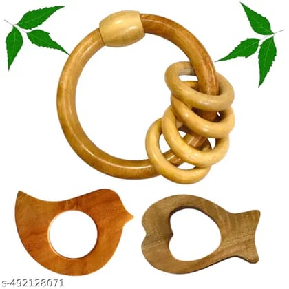 Natural Neem Wood Baby Teething Ring with Rattle | Perfect Newborn Gift Natural Neem Wood Baby Teething Ring with Rattle | Perfect Newborn Gift