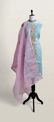 Kota Doria Dress Material Sky Blue Gold Rose Vine