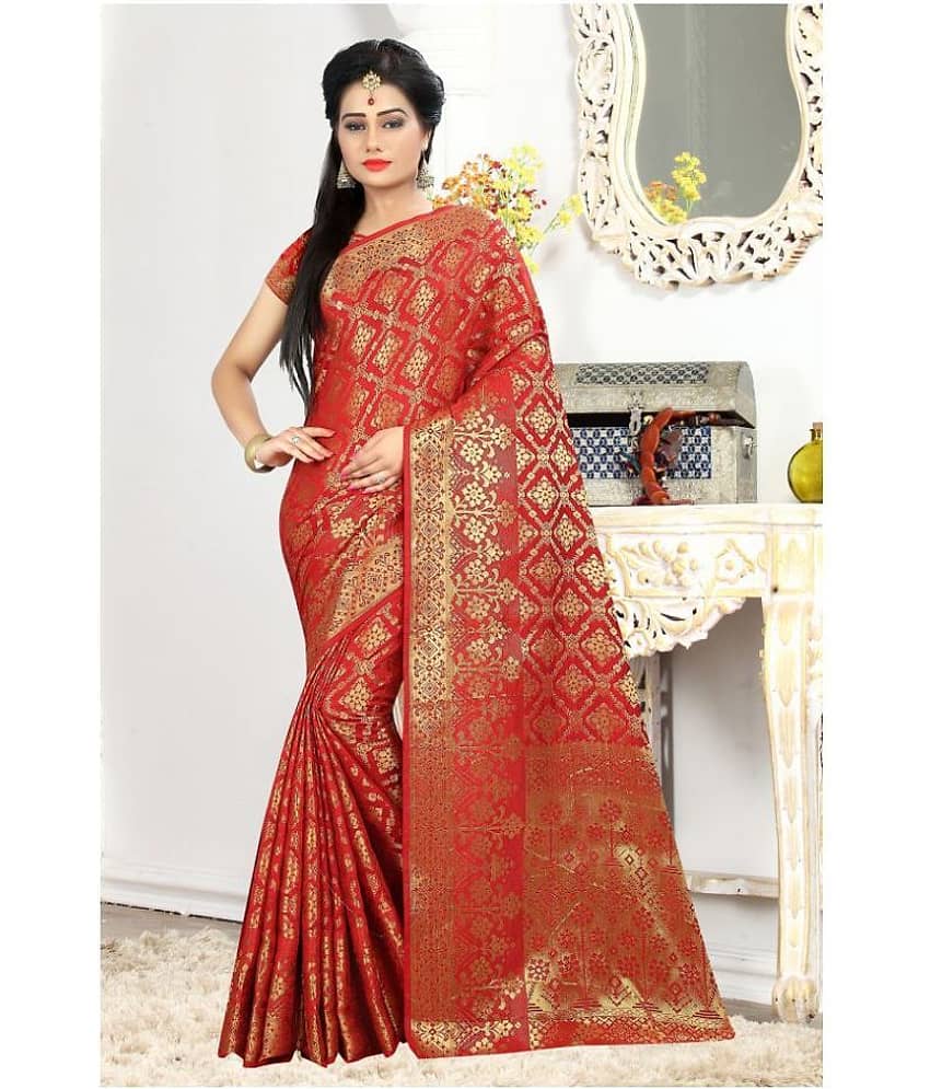 Gazal Fashions Silk Printed Saree With Unstitched Blouse Piece ( Red )