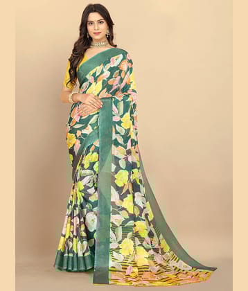BLEESBURY Chiffon Printed Saree With Unstitched Blouse Piece ( Green )