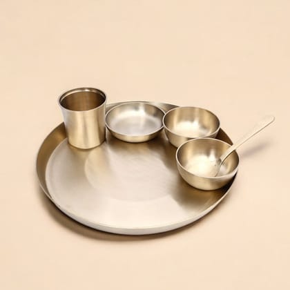 Handcrafted Pure Kansa 6-Piece Round Thali Set (1 round thali, 1 glass, 1 spoon, 2 round bowls and 1 flat bowl)