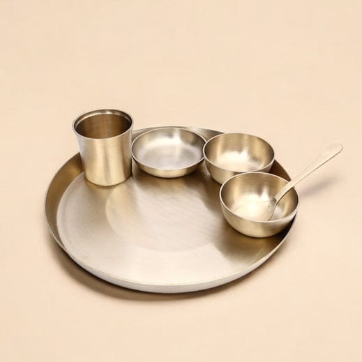 Handcrafted Pure Kansa 6-Piece Round Thali Set (1 round thali, 1 glass, 1 spoon, 2 round bowls and 1 flat bowl)