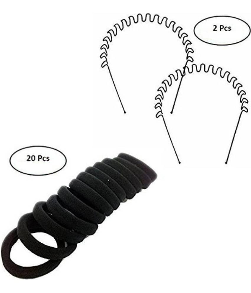 Fok Set Of 20 Pcs Black Rubber Bands & 2 Pcs Black Metal Zigzag Hairbands