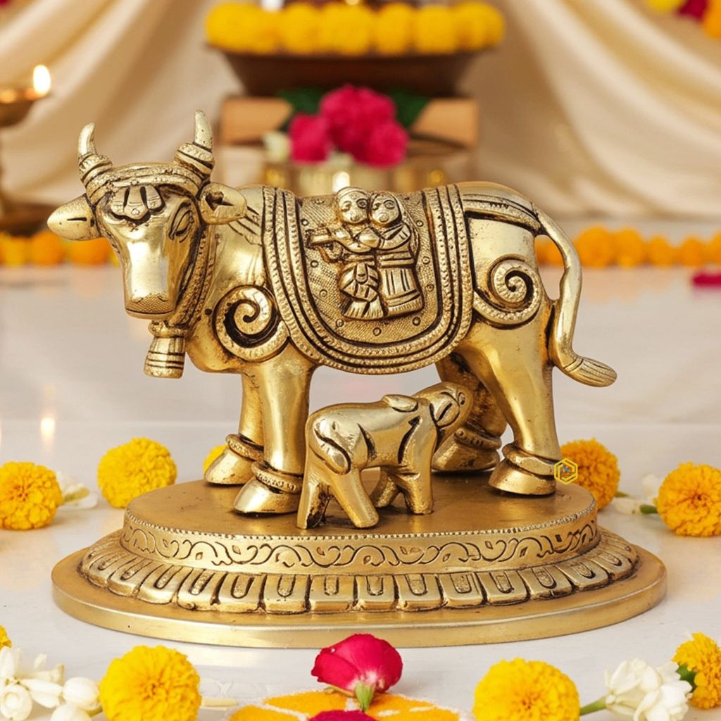 Brass Cow God Idol Statue - Traditional Puja Showpiece, Height : 5 Inch (BSMAS1442 D)