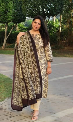 Cotton Off White & Black Kalamkari Print Suit with Printed Dupatta-XXS