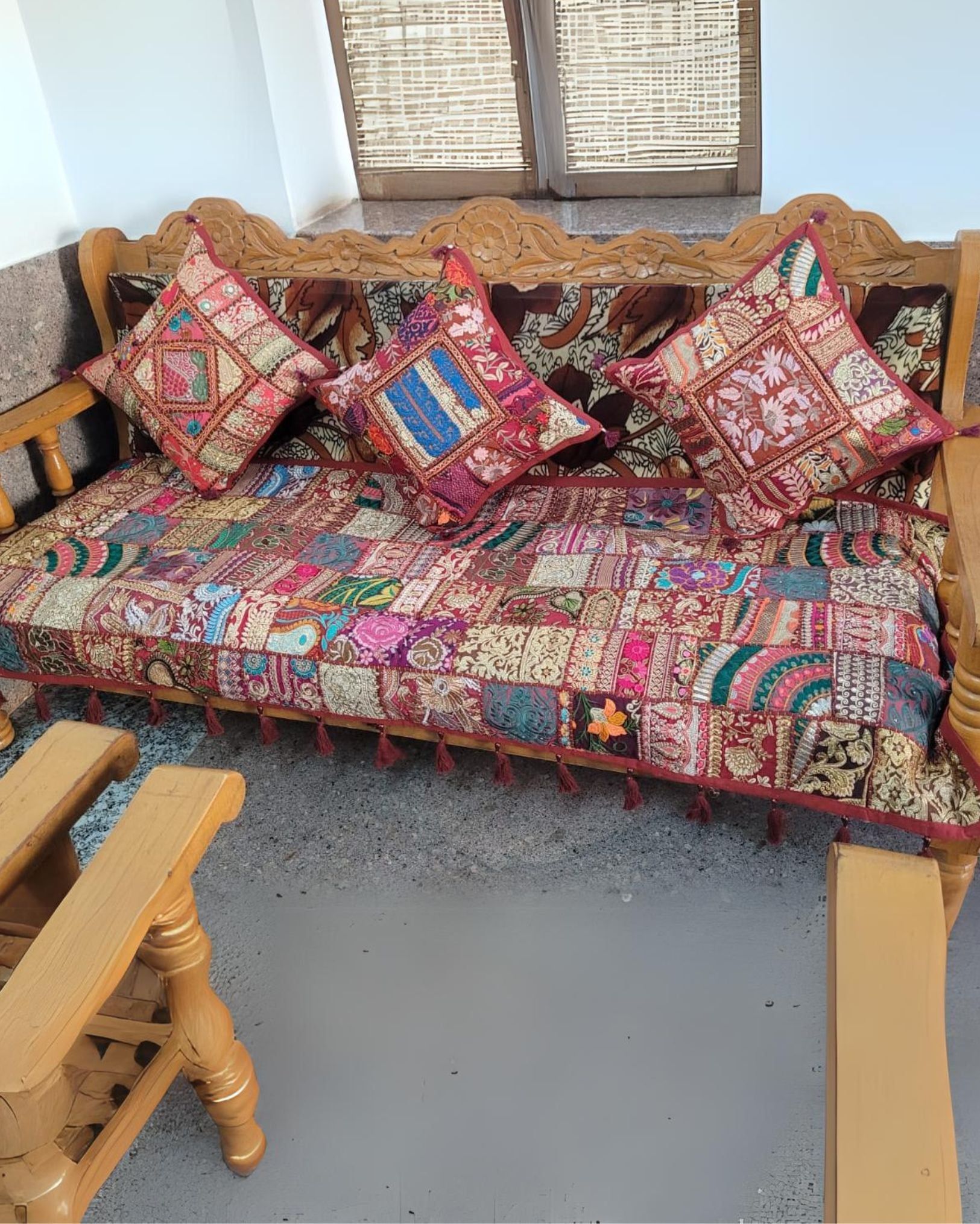 Khamma Ghani Kambadiya Rich Maroon Sofa Throw & Cushion Cover-3 Seater