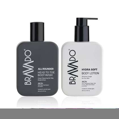 BRAVADO Hydrating Body Care Set, All Rounder Head to Toe Body Wash and Hydra Soft Body Lotion |Deep Cleansing, Moisturizing,Anti-Ageing, Sun Protection,Shower Gel,Facewash, Hair Wash-Pack of 2 | 400ml