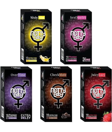 NottyBoy Variety Combo Pack Extra Time, Ribbed,  Dotted,  Contour, Banana, Chocolate and Fruit Flavour Condoms - 50 Units