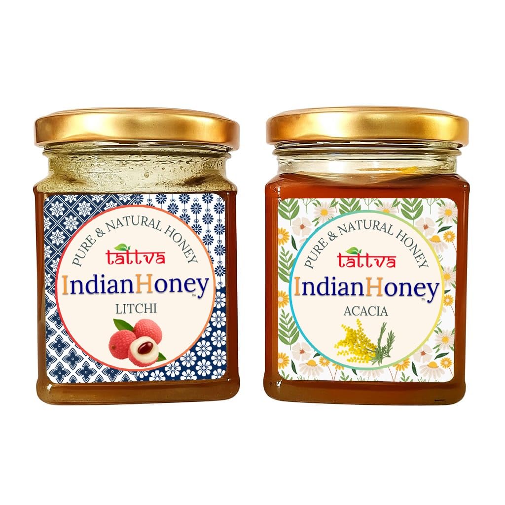 IndianHoney Rajasthan Acacia Honey & Buttery & Cognitive-Boosting Litchi Honey Combo Pack (230gm & 230gm)
